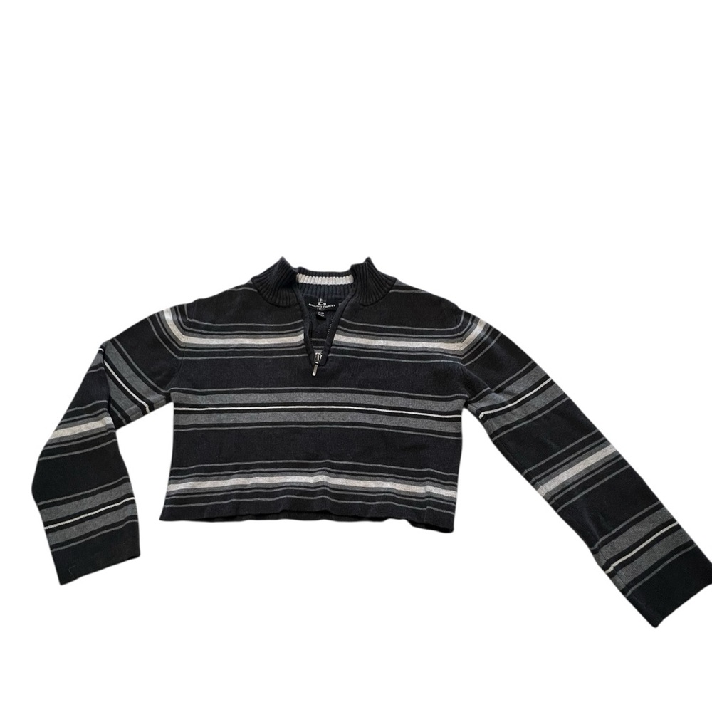 Womans Driving Force  3/4 zip Grey & Blue striped crop sweater S /8